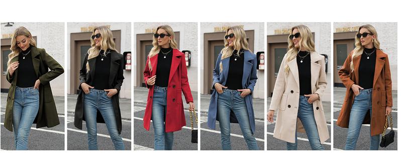 Kingapril Women Winter Wool Blend Camel Mid-Long Coat Notch Double-Breasted Lapel Jacket Outwear Womenswear Button