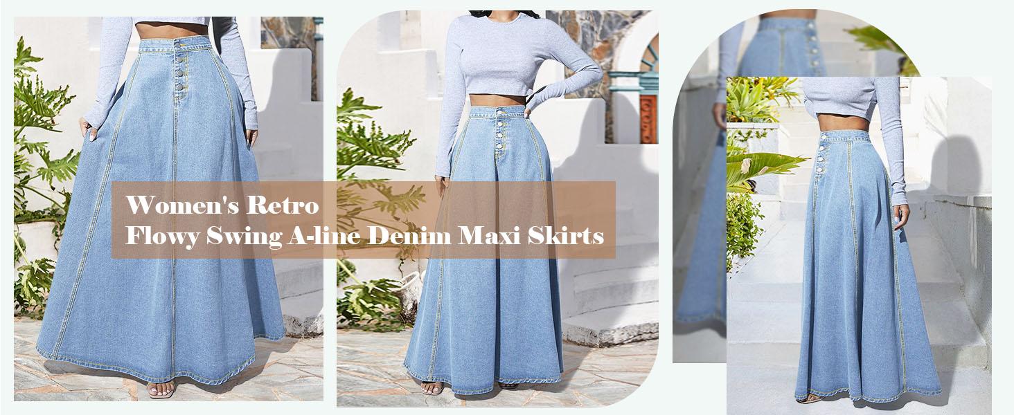 Ebossy Women's Retro High Waisted Button Fly Flared Long Jean Skirts Pleated Flowy Swing A-line Denim Maxi Skirts Ebossy Women's Retro High Waisted Button Fly Flared Long Jean Skirts Pleated Flowy Swing A-line Denim Maxi Skirts