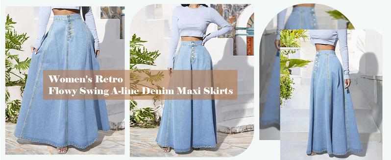 【New Arrival】Ebossy Women's Retro High Waisted Button Fly Flared Long Jean Skirts Pleated Flowy Swing A-line Denim Maxi Skirts