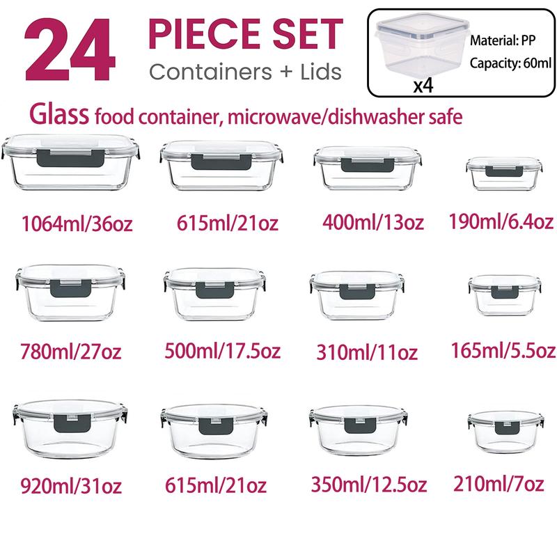 12Pack Airtight Glass Food Storage Containers with Lids,Microwave, and Dishwasher Kitchen Organizer, BPA-Free , Black/Gray Set Utensils