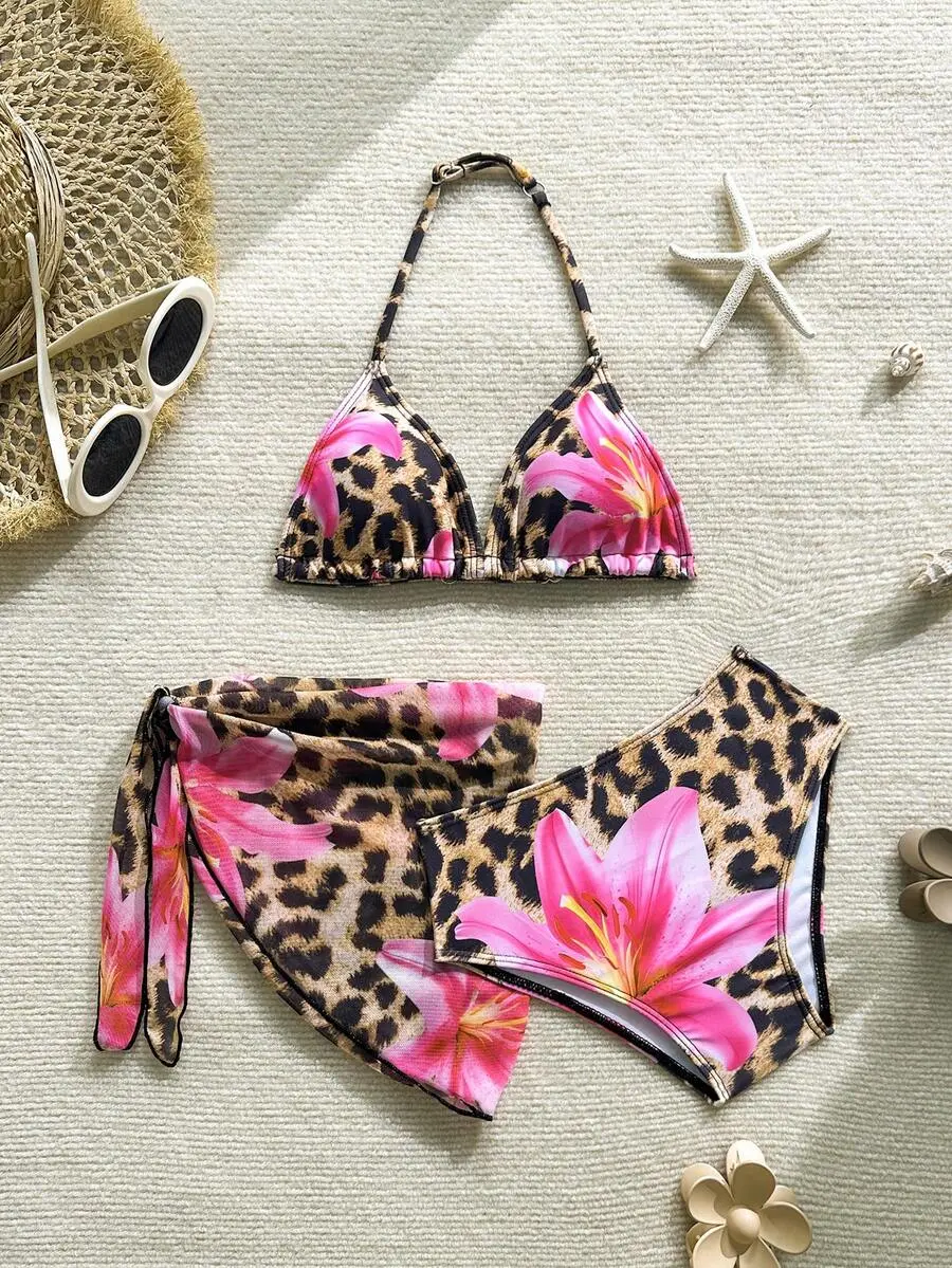 SOLARA 3pcs/Set Tween Girl Leopard & Lily Flower Print Halter Top Tropical Multicolor Bikini Swimsuit With Sarong,Pink,Summer,Cute,Beach,Holiday Bathing Suit