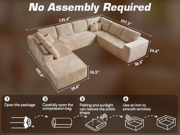 【4 Packages Shipping】Ovios Sectional Cloud Couch for Living Room, Modular Floor Sofa with Plush Corduroy, No Assembly Required, Big Comfy Couches Set with Fluffy Memory Foam, Stupendous U Shaped Sofas with Chaise Furniture Lounge