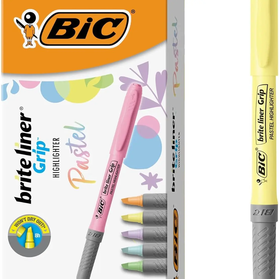 BIC Brite Liner Soft Grip Color Marker Set, Chisel Tip (Shifts from Broad to Fine), 12-Pack Assorted Pastel Colors, Essential School Supplies for Back to School Haul, Built for Students Office Stationery Writing Tool