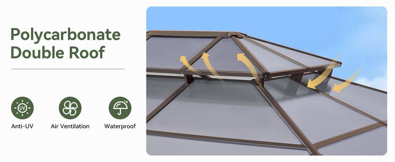 【Ships in 2 Packages】Aoxun 12'x10' Hardtop Gazebo, Aluminum Frame Permanent Pavilion with Curtains and Netting, Outdoor Polycarbonate Double Roof Canopy, Designed for Garden, Lawns, Patio, Brown