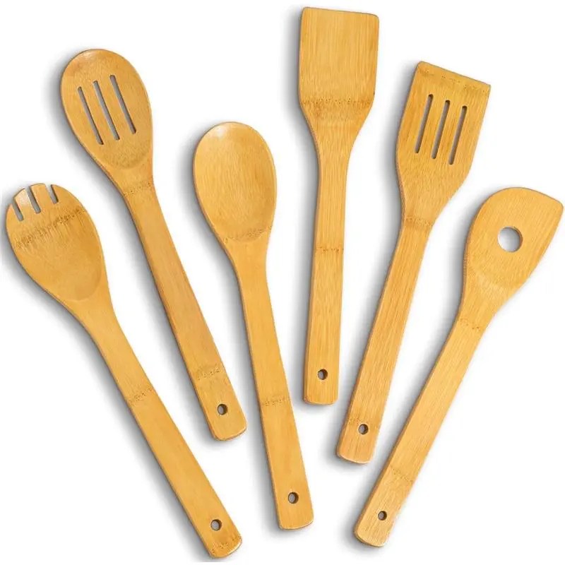 Bamboo Wooden Spoons for Cooking 6 Pcs 12 Inch, Non-Stick Wooden Kitchen Utensils Set, Natural and Durable Wooden Spatula Spoons for Non-Stick Pan for Cooking