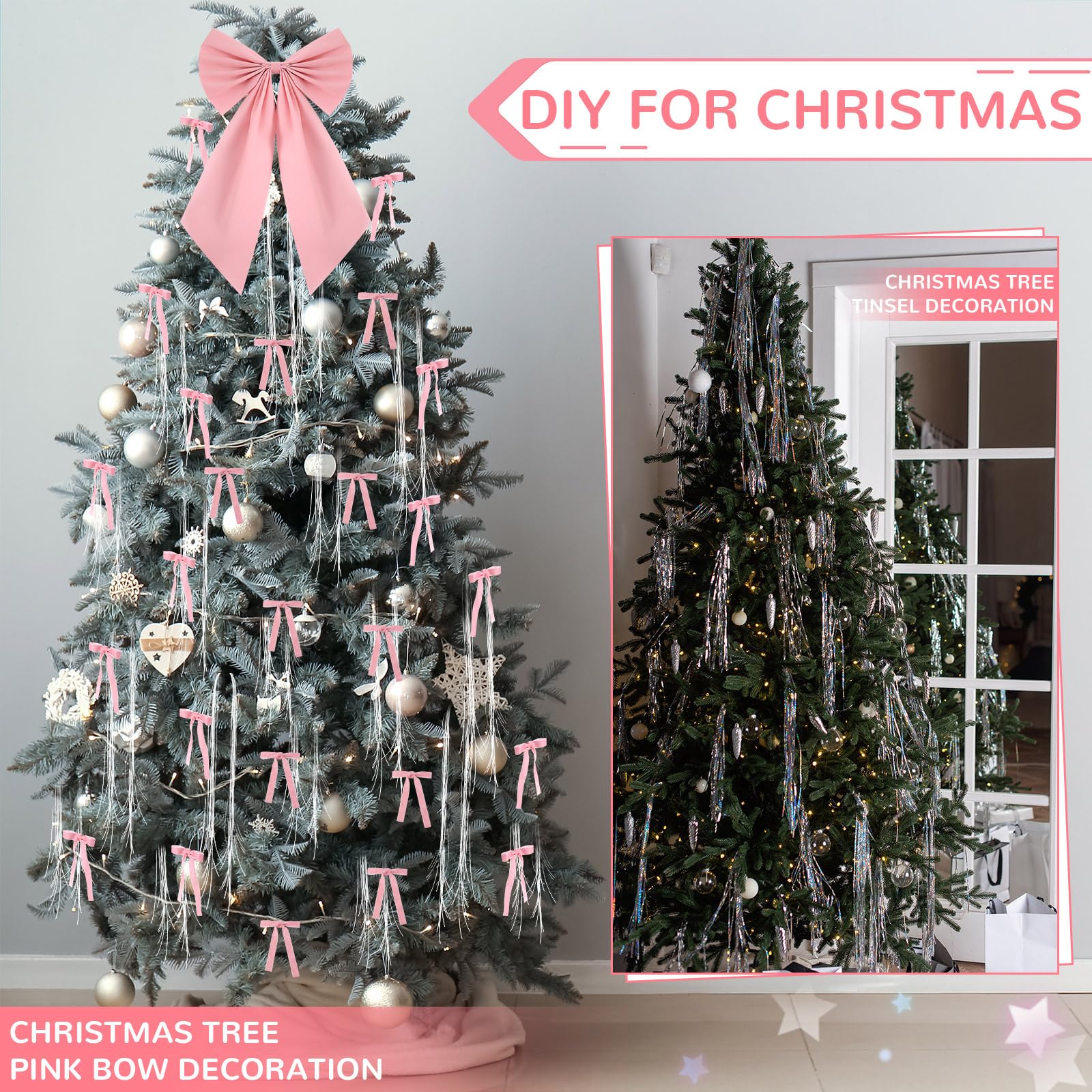 Christmas Clearance Sale Valentine's Day Decor Velvet Bows Christmas Tree Topper Bows & Tinsel Set Christmas Ornaments Bows for Xmas Tree Holiday Home Wedding Party Outdoor Christmas Decor Christmas Gifts, Gif Wrapping & DIY Project