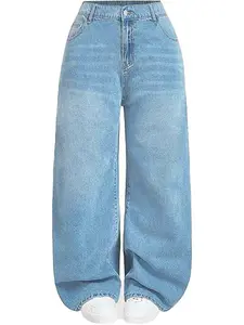 Plus Size High-Waisted Wide Leg Baggy Jeans with Elastic Back Waistband Basic Denim Curvy-Enhancing Streetwear Style