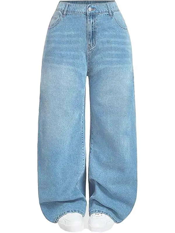 Women's Plus Size High-Waisted Wide Leg Baggy Denim Pants, Elastic Back Waistband, Curvy-Enhancing Basic Casual Street Style Bottoms, Plussize, High Waisted Jeans, Xxl Jeans, Plus Size Fashion, Baggy Fit, Light Wash Baggy Jeans