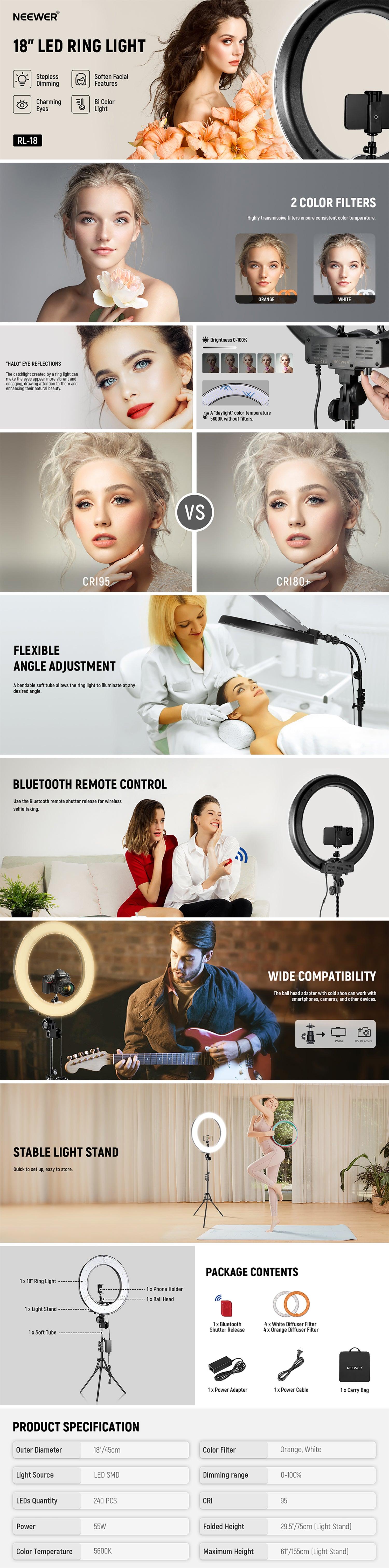 NEEWER RL-18 18" Ring Light, LED Selfie Light Kit, Adjustable Stand, Phone Holder, Dimmable Lighting, for Makeup, Vlogging, Video, Photography, Live Streaming NEEWER RL-18 18" Ring Light, LED Selfie Light Kit, Adjustable Stand, Phone Holder, Dimmable Lighting, for Makeup, Vlogging, Video, Photography, Live Streaming