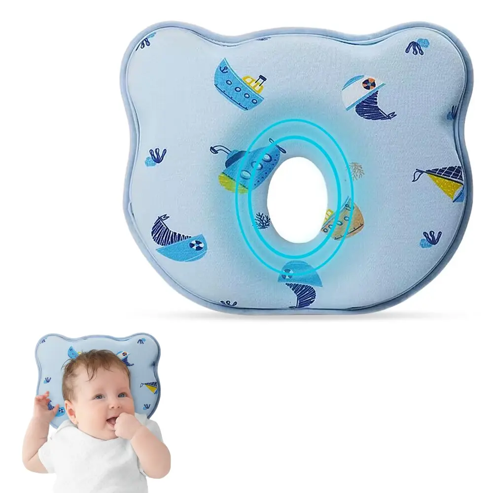 Memory Foam Baby Pillow with Cute Cartoon Design, Soft Cozy Breathable Anti-Slip Material, Ergonomic Supportive Incline for Infant Head-Neck Support, Tummy Time Use, Ergonomic Design, Cartoon Print, Incline Shape, Gentle Soft Bedding, Newborn Baby, Car Se