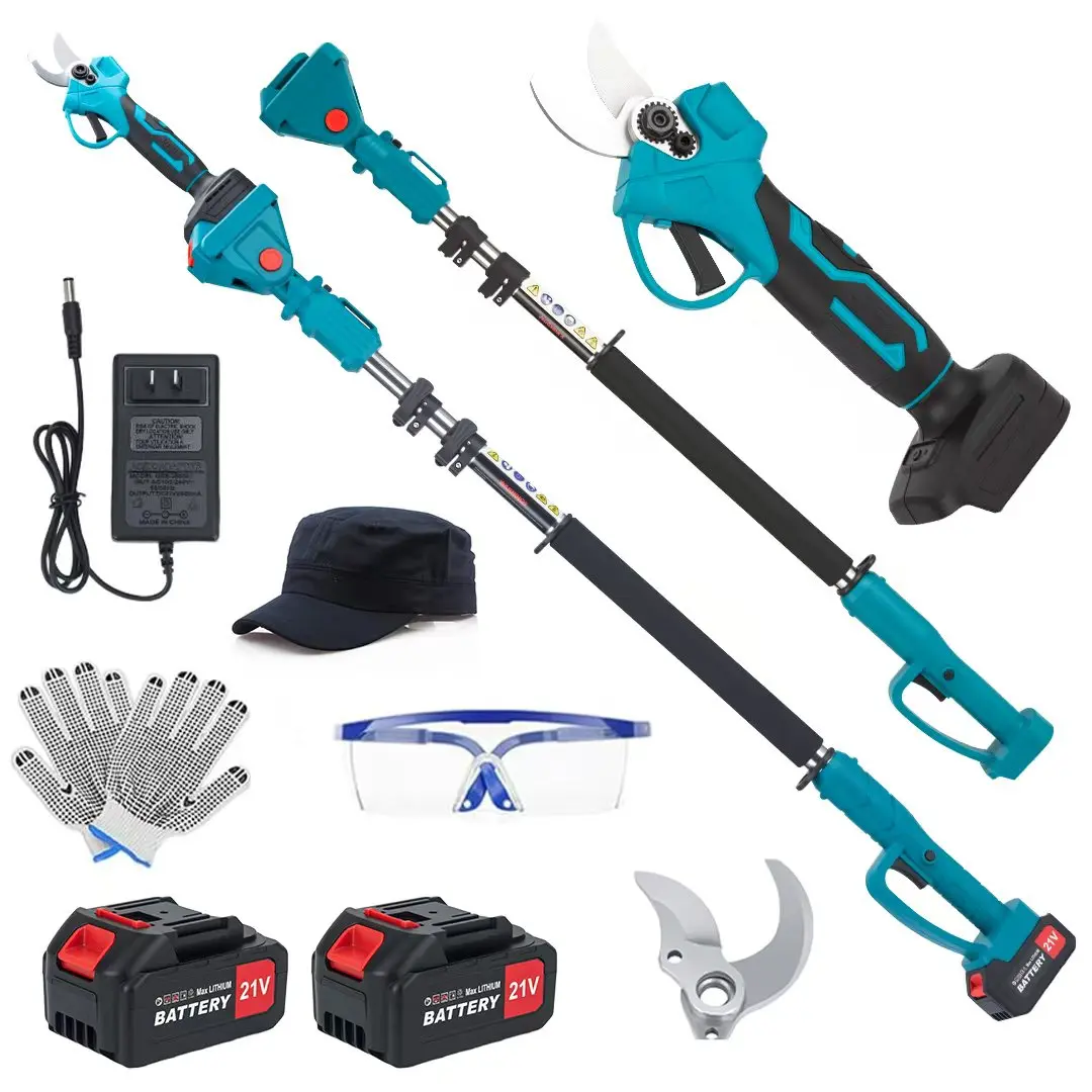 2-in-1 Telescopic Cordless Electric Pole Pruning Shears, 21V Lithium Battery High Reach Tree Branch Cutter with Adjustable Extendable Pole, Dual Rechargeable Batteries, Safety Gloves & Goggles for Garden Orchard Fruit Tree Trimming and Yard Branches