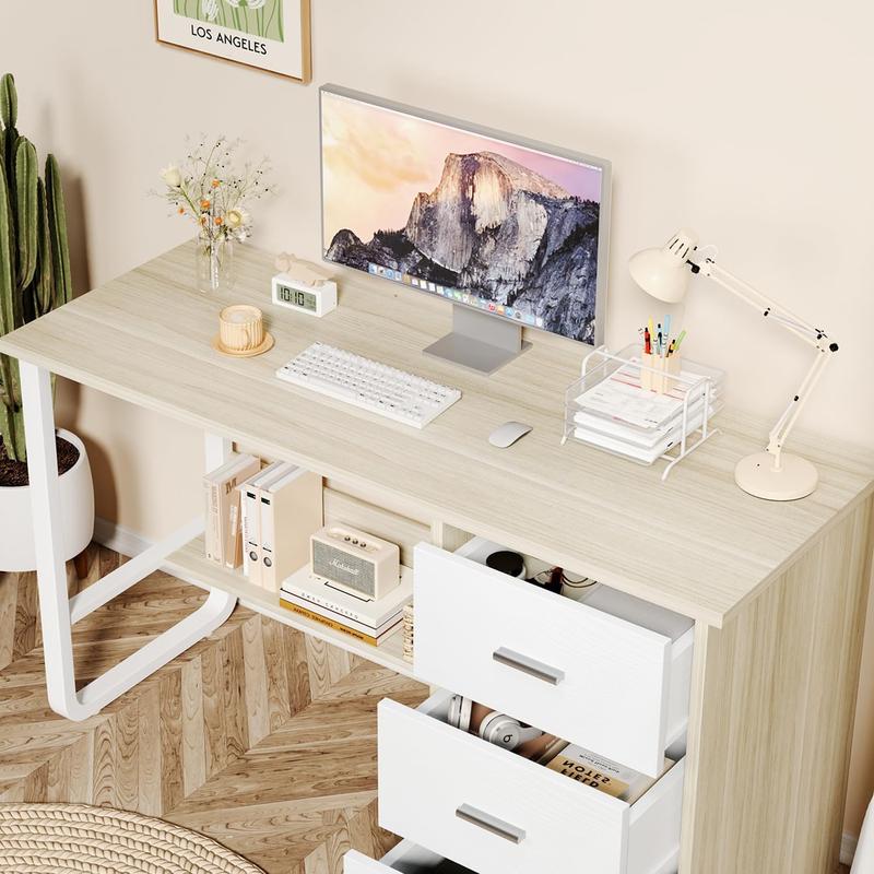 HOMBCK Computer Desk with 3 Drawers, Small Desk with Storage for Bedroom, 47 Inch Workstation with Bottom Shelf and U Shaped Leg