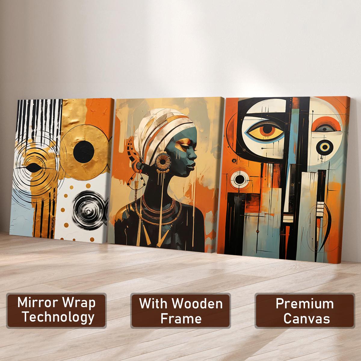 3Pcs Wooden Framed Canvas Painting, African Woman Abstract Geometric Shapes Gold Orange, Exquisite Poster, Home Decoration, Pattern Wall Art Decor, For Living Room, Bedroom, Office, Restaurant, Bar Wall Decor, Odorless, Painting, Print Artwork