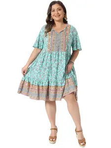 Agnes Orinda Plus Size Summer Boho Floral Dresses for Women Tie Crew Neck Short Sleeve Midi Sun Dress Beach Flowy