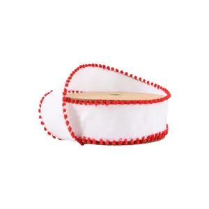 1 1/2" Wired Ribbon | White w/ Red Pom Pom Edge | 10 Yard Roll