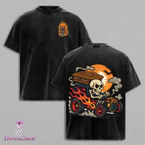 Men's Vintage Industrial Gothic Graphic T-Shirt - Heavyweight 230g Washed Cotton - Drop Shoulder Relaxed Fit - Flames Design - Machine Washable - Concerts, Festivals, Everyday