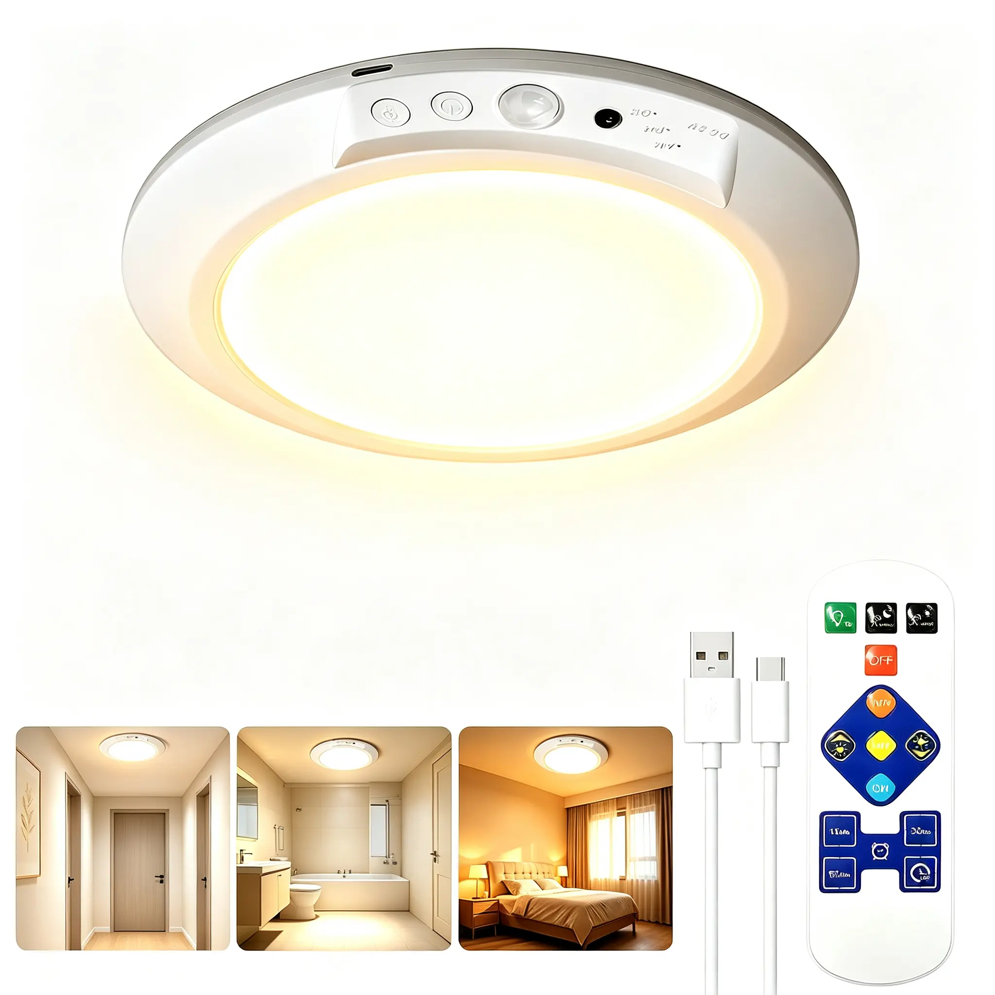 Wireless LED Ceiling Light, Motion Sensor Rechargeable Closet Light, Battery Operated Ceiling Lamp, Remote Control 3 Color Dimmable Magnetic Mount Light, No Drill Stick On Light for Hallway Stair Pantry Closet Bedroom