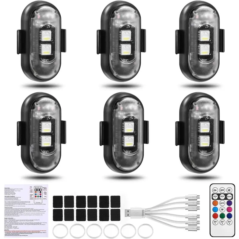 6PCS Wireless LED Lights for Car with Remote Control, Wireless LED Strobe Lights 8 Color USB Charing IP65 Waterproof Anti-Collision Warning Light for Car Interior Truck Motorcycle Drone Aircraft Bike