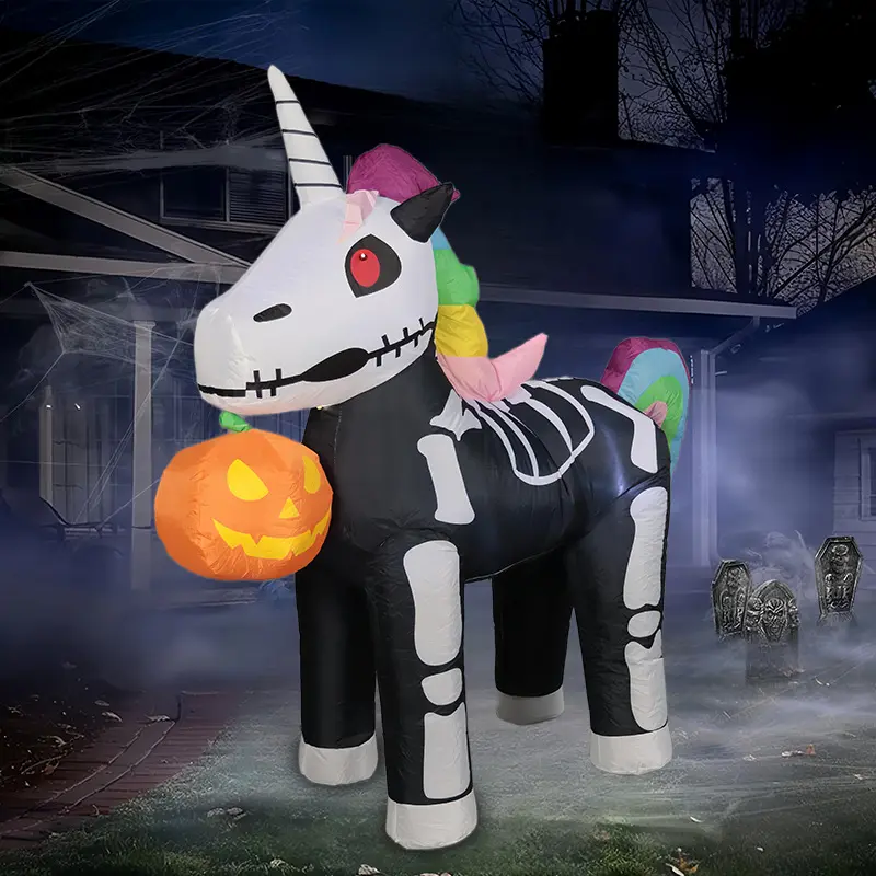 5ft Polyester Skeleton Unicorn Inflatable, Cute Spooky Design, Built-in Decorative LED Lights, Waterproof Durable Weather-Resistant Halloween Festive Decor, Party Atmosphere Props for Garden, Trick-or-Treat, Halloween Decorations