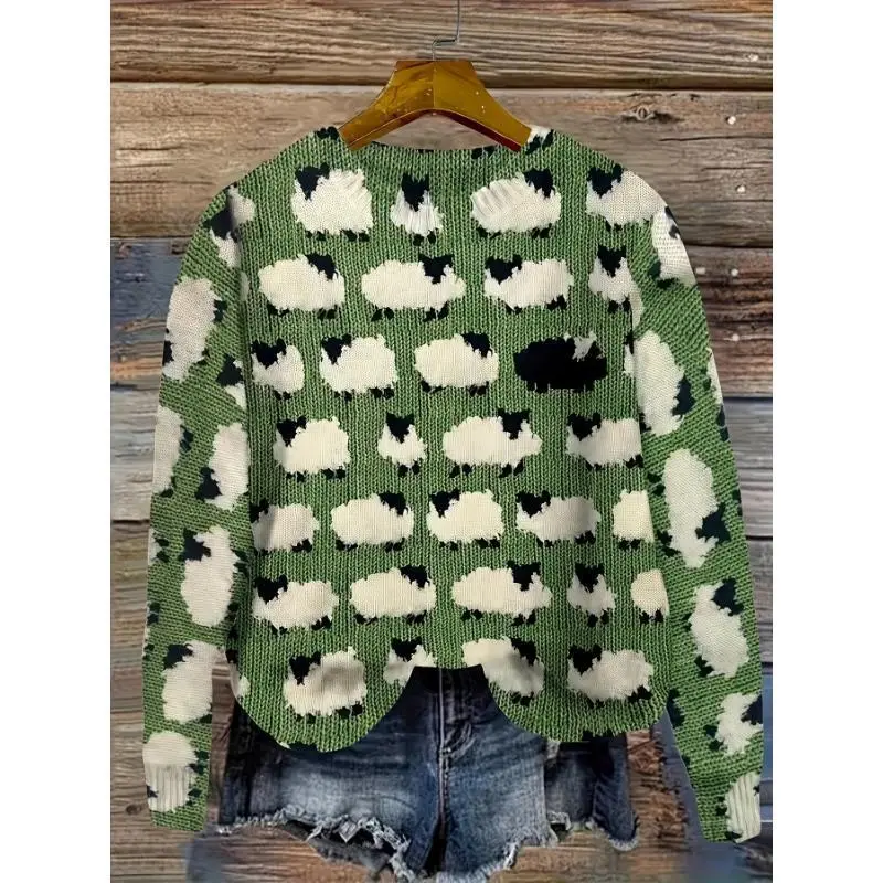 Women's Long-Sleeve Loose-Fitting Sheep Animal Pattern Knitwear Pullover Tops - Casual Plus-Size (Up to 4XL) No-Frills Autumn Winter Sport & Outdoor Loungewear