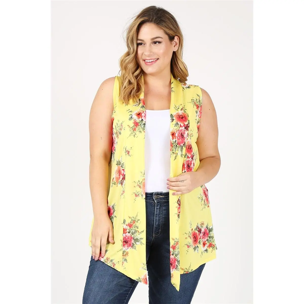 PLUS SIZE OPEN FRONT PRINTED CARDIGAN 4102XF-Yellow-Coral