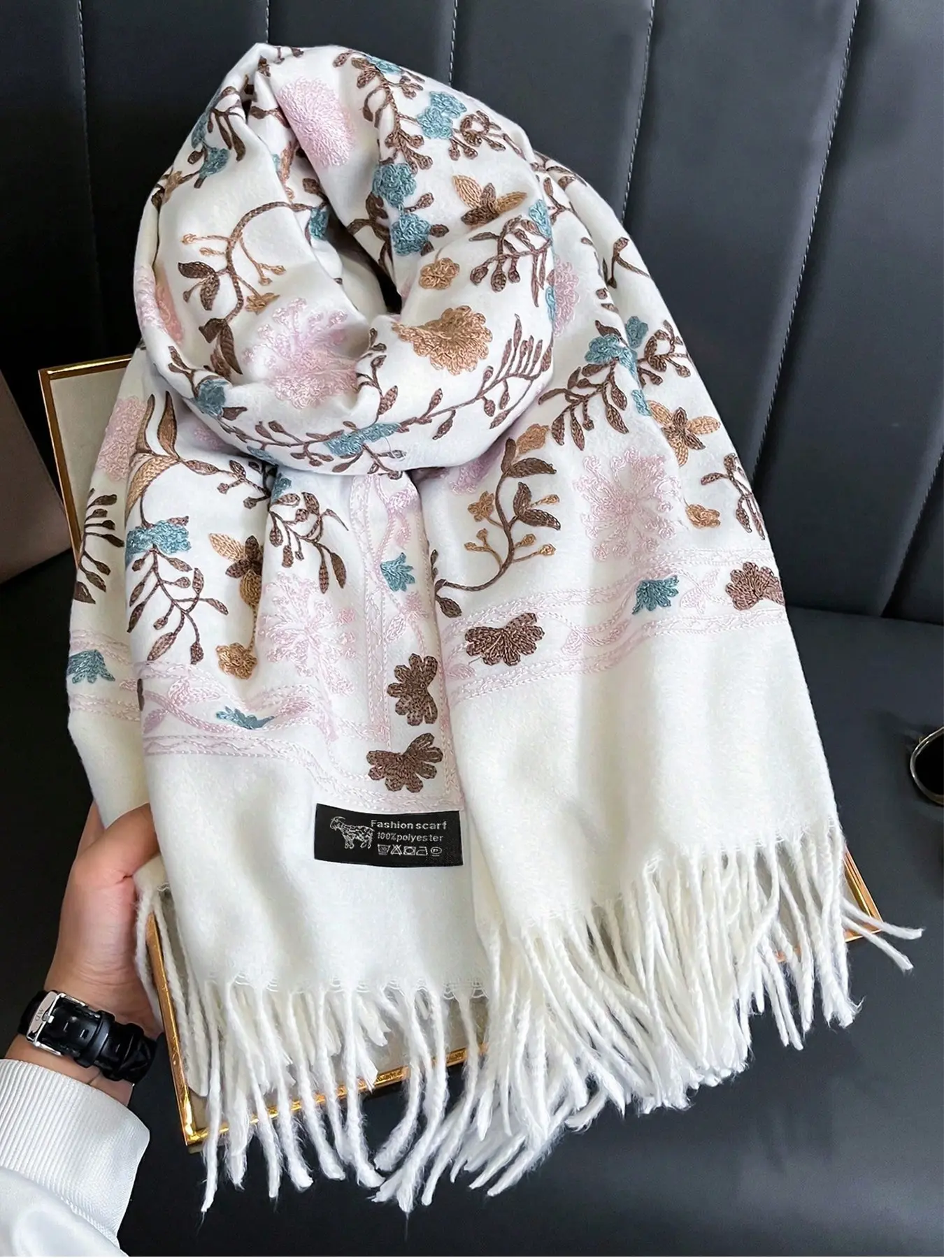 Boho Style Plant Embroidery Double Sided Paisley Scarf, Casual Soft Warm Fringe Trim Floral Embroidered Fashion Paisley Print Shawl Wrap for Women & Men, Fashion Accessories for Daily Wear