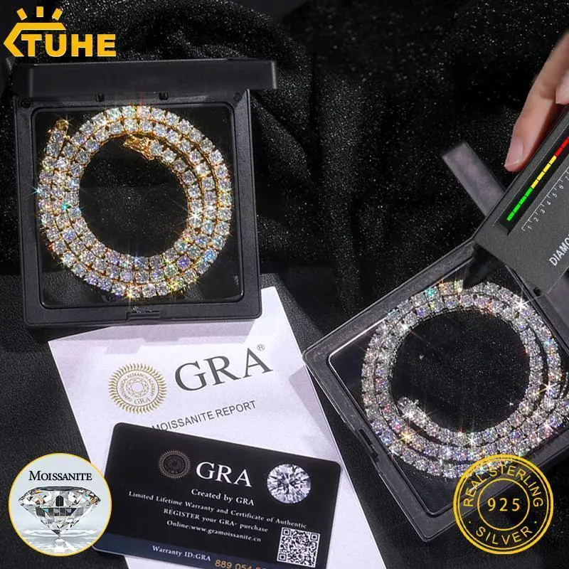 High-Quality VVS1 moissanite Tennis Necklace S925 Sterling 925 Silver moissanite Necklaces for Men Women Pass moissanite Test Iced Out