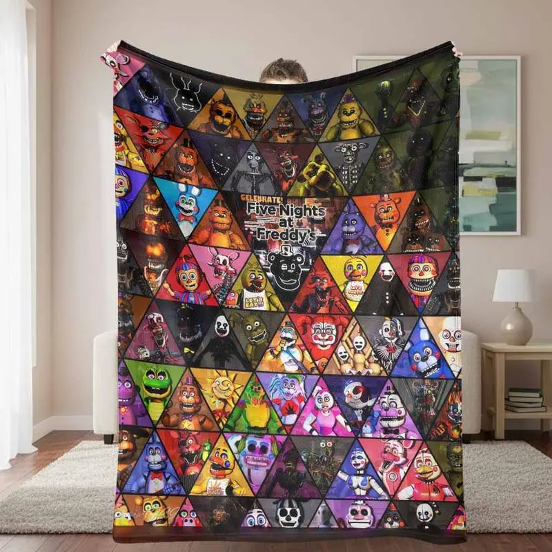 Freddy's flannel blanket, five nights, FNAF character inspired print, lightweight, comfortable, warm, soft, durable, perfect for home, bedroom, living room, sofa, office, travel, camping, overnight, gift, all seasons, Halloween.