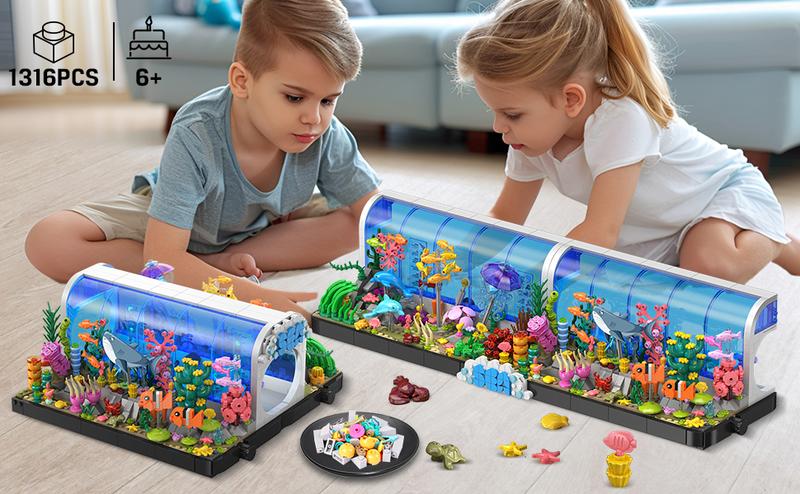 HOGOKIDS Aquarium Building Set 2 Styles Oceanarium Toy with Dolphins, Sharks, Crabs, Turtles, Clownfish, Marine Life, 1316PCS Undersea World Magnetic Blocks for Ages 6-12