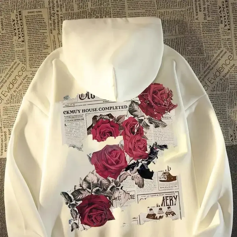 Fashionable high street hoodie with newspaper rose print pattern, hooded cotton blend hoodie long-sleeved comfortable and breathable hoodie, suitable for both men and women, ideal for Halloween gifts.