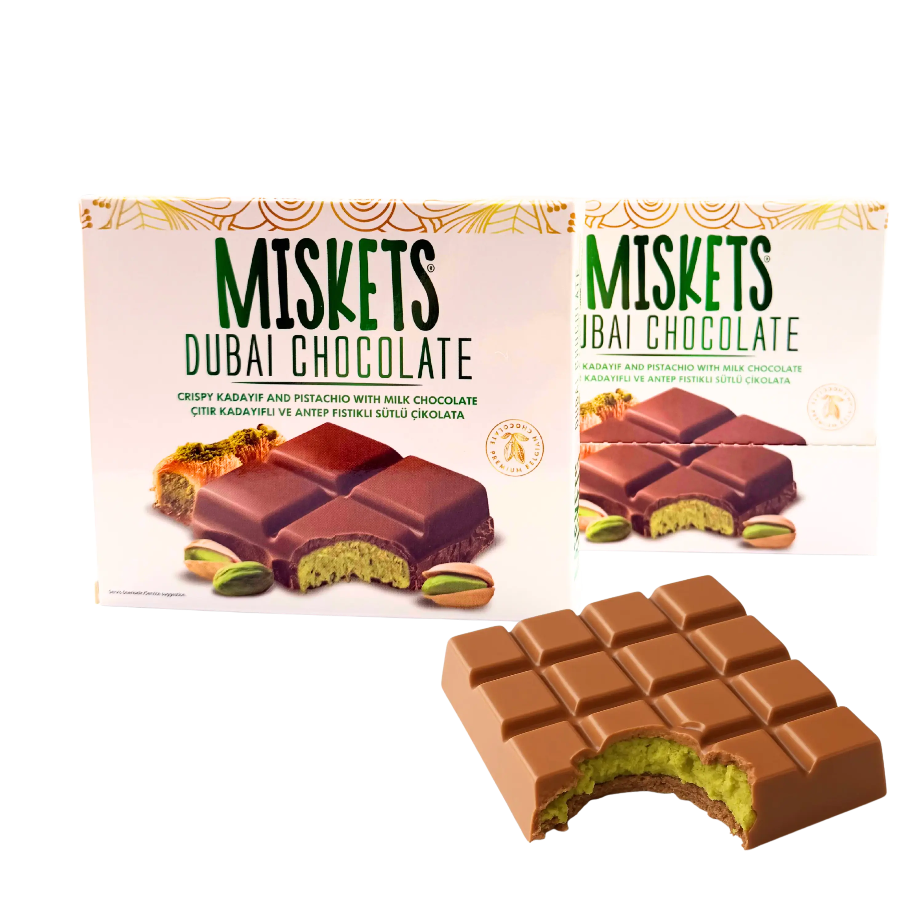 Miskets Dubai Chocolate with Crispy Kunafa and Pistachio - Pick Your Flavor - Milk Chocolate - White Chocolate - Dark Chocolate