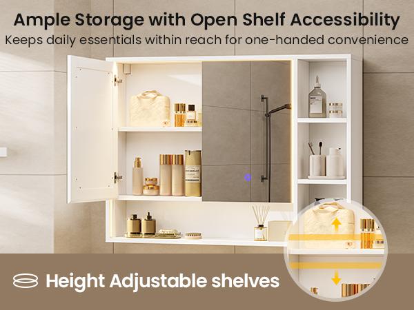 Hasuit | Lighted Medicine Cabinet with Mirror and Open Storage Modern Bathroom Cabinet with Adjustable Shelves