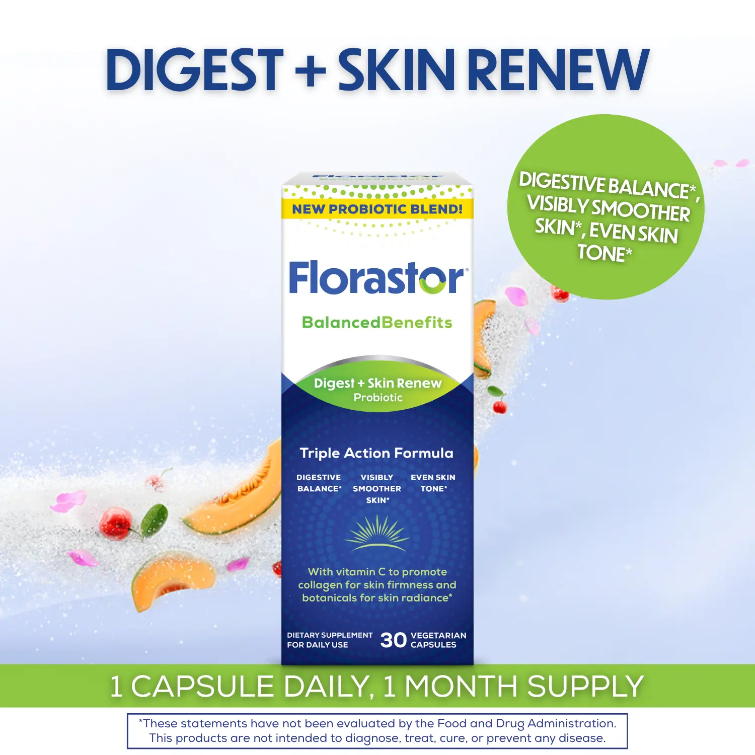 Florastor Digest & Skin Renew - Probiotic for Gut Health & Glowing Skin | Damask Rose, French Melon, Vitamin C | 30 Capsules