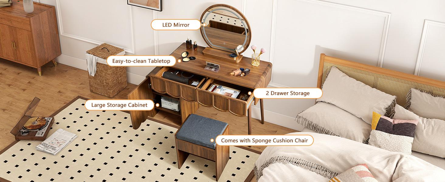 Giratree Vanity Desk with Mirror and Lights, Modern Wood Wave Panel Vanity Desk Set Makeup Table with Drawers and Cabinet, Dressing Table with Storage for Bedroom