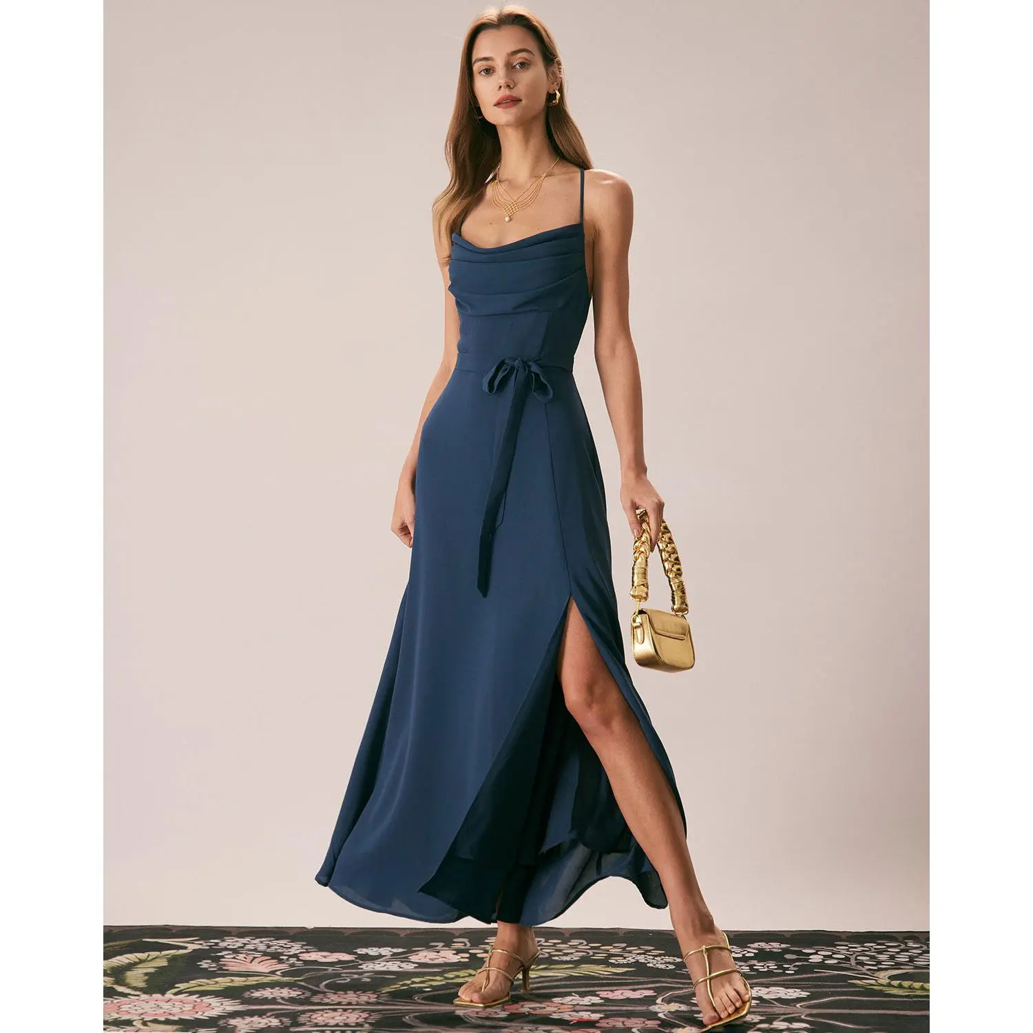 RIHOAS Women's Navy Polyester Elegant Cowl-Neck Spaghetti-Strap Sleeveless Slimfit Shaping Ruched Cutout-Back A-Line Maxi Dress - Premium Fast-Drying Fabric for Wedding Guest, Formal & Casual Wear