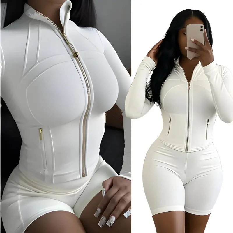 Breathable Elasticity Gym Set - Women'S 2 Piece Workout Set Zip-Up Jacket & Shorts - Casual Activewear For Fitness & Athleisure Trend