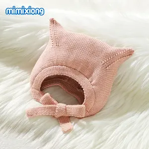 Mimixiong Cotton Baby Knit Hat, 0-18 Months Horn Earflap Beanie with Tie Strap, Windproof Warm Winter Headwear for Toddler Boys and Girls