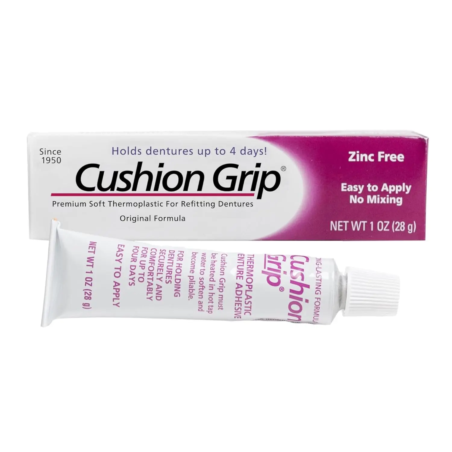 Cushion Grip Thermoplastic Denture Adhesive – Refits & Tightens Dentures, Works Like a Denture Reliner for a Secure, Comfortable Fit, Holds Up to 4 Days, Glue-Free, Waterproof & Zinc-Free - 1 oz