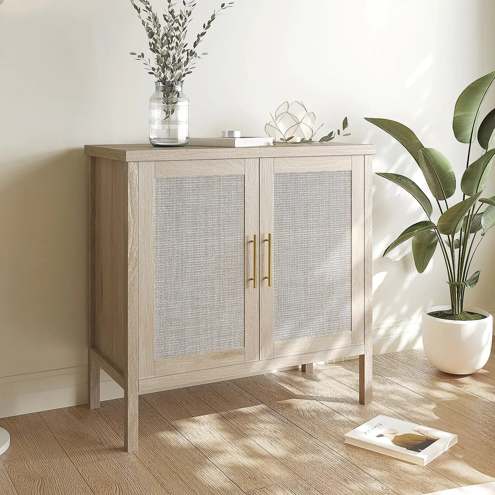 VOWNER Sturdy Rattan Buffet Cabinet - Modern Storage Cabinet, Single Unit Wood-Color Double-Door Dual-Storage Indoor Cupboard with Anti-Tip Kit, Entrance & Various Room Types Furniture for Small Spaces, 31.5" W x 15.75" D x 31.5" H, Natural