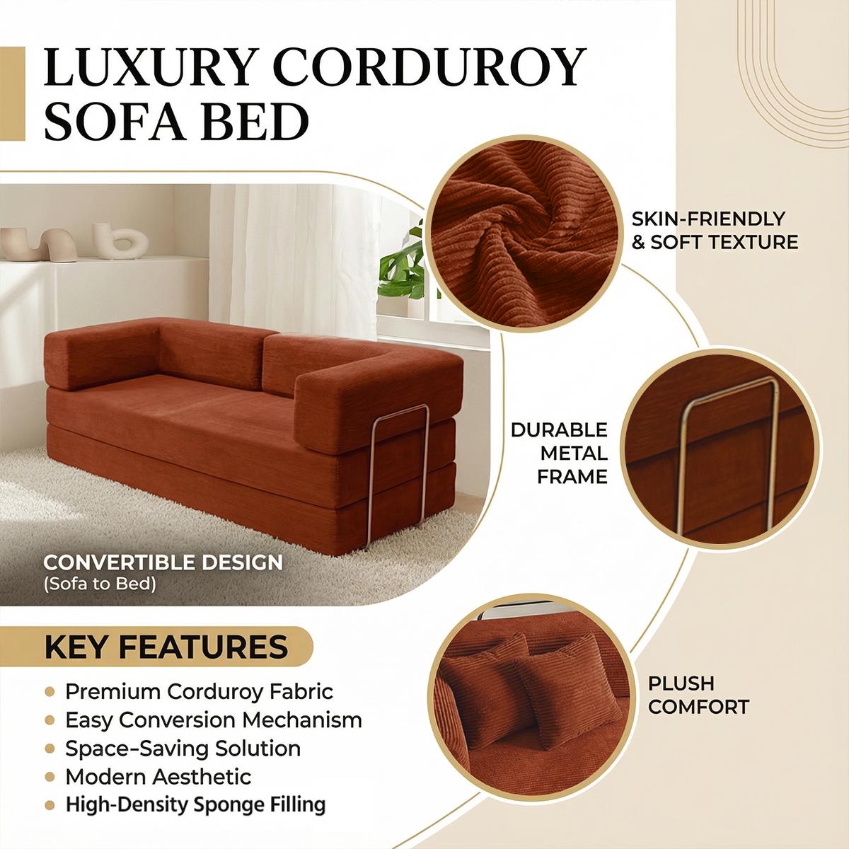 79" Convertible Sleeper Sofa Bed with Cylindrical Pillow Corduroy Folding Mattress Couch Fixed-Shape Frame Modular Compressible Living Room Sofa Set Vintage Suede Comfortable Lounge Chair Lazy Sofa Bean Bag Bedroom Sleeper Modern Cloud Loveseat