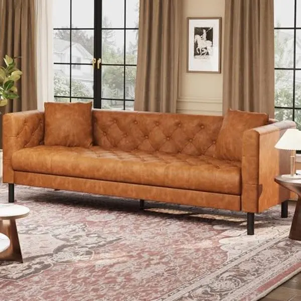 81-inch Sturdy PU Leather 3-Seater Chesterfield Couch, Modern Handmade Button Tufted Sofa with 26-in Deep Seat & Polyurethane Foam, Easy to Maintain for Living Room, Office Gatherings, Movie Nights