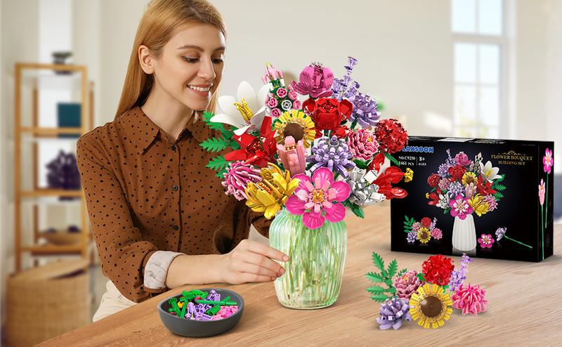 Flower Bouquet Building Set, Valentines Day Botanical Collection Building Block Toy 1461 PCS, 18 Flowers Rose Sunflower Home Plant Decor, Birthday Gifts for Adults Women Boys Girls 8-12+