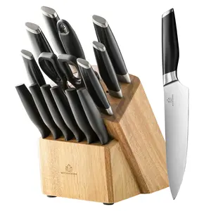 MICHICOOK 15-Piece Stainless Steel Knife Set with Wooden Block – Anti Slip Sharp Kitchen Knives for Professional & Home Cooking