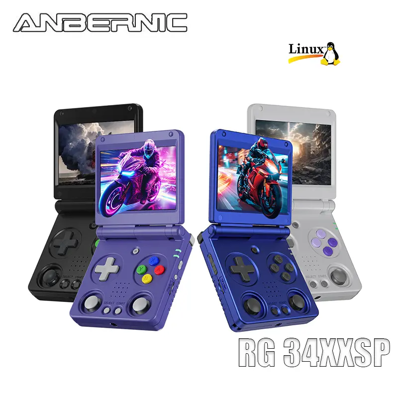 ANBERNIC RG34XXSP Handheld Gaming Console, 3.4-inch Foldable Portable Pocket Console, Linux 64-bit System, Double Joysticks, 3300mAh Battery, rg34xxsp-indigo-64g, Gamer Stuff, Children's Holiday Gift Box, Interactive Gaming