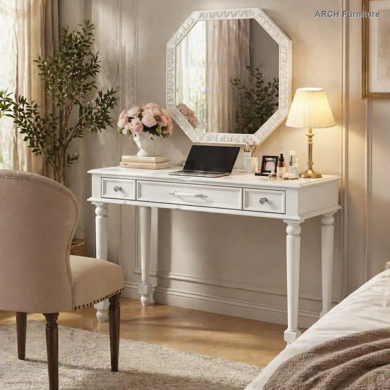 Vintage Retro Vanity Desk with Large Octagon Frame Mirror, 3-Drawer Arch Dressing Table with Floral Accents and Solid Legs for Jewelry Storage, Elegant Console Table for Bedroom and Living Room, White, Three Drawers