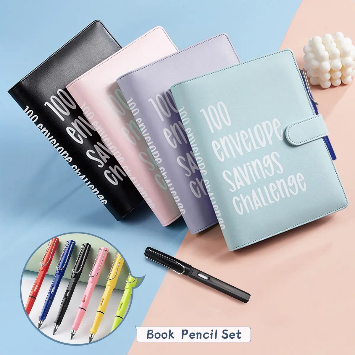 【Back to School Must-Have】100 Envelope Savings Book + Infinity Pencil - Monthly Budget Planner Notebook, Finance Checklist Organizer, $5,050 Savings Challenge Tool - Cute Office Stationery, Black Friday Holiday Gift Option, Budget Planners