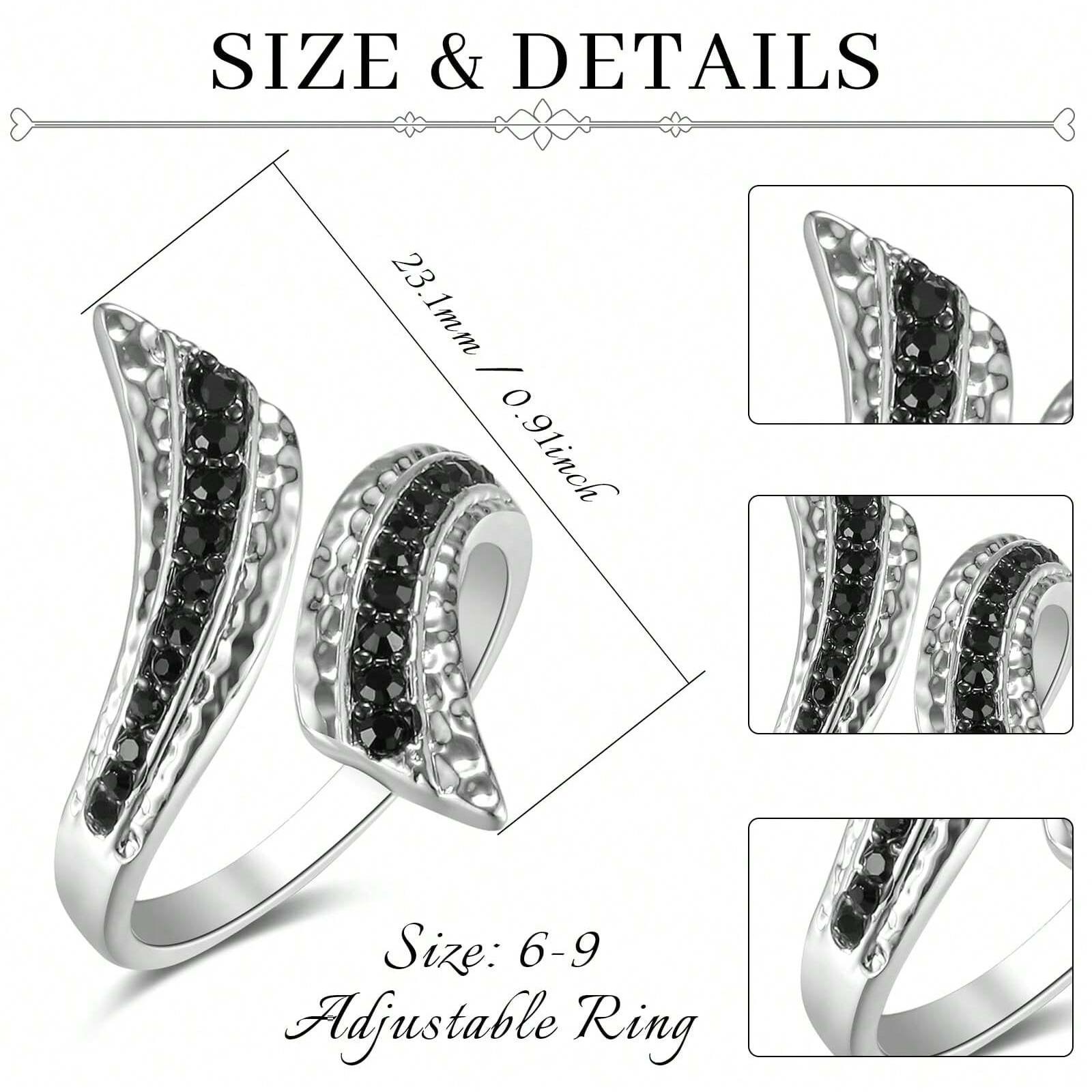 S925 sterling silver  Elegant adjustable opening ring, synthetic black zircon, delicate like feathers, gift declaration ring