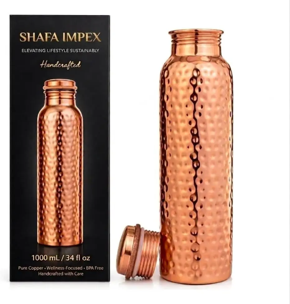 Ayurvedic Copper Water Bottle 34oz Handcrafted 100% Pure Hammered Bottle for Drinking Leak Proof and Reusable Water Vessel (Copper)