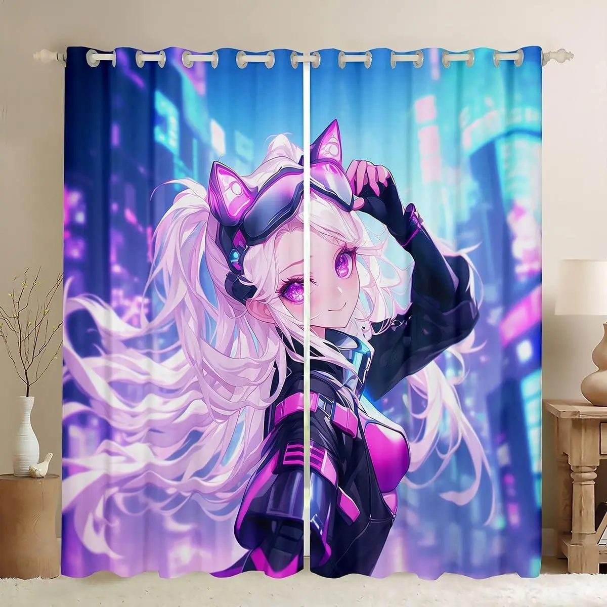 Japanese Anime Window Treatments Drapes,Kawaii Anime Blackout Curtains Cartoon Window Curtains Sets,Japanese Animation Sci Fi Style Decor Living Room