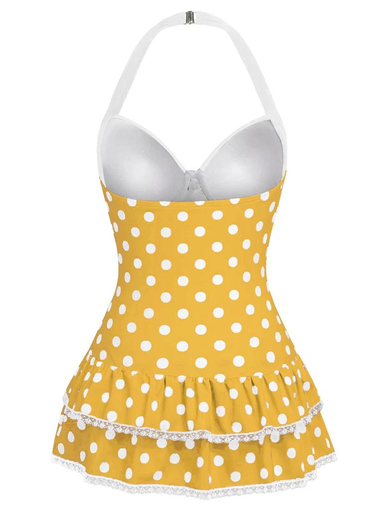 Yellow 1940s Halter Polka Dots Bow One-Piece Swimsuit